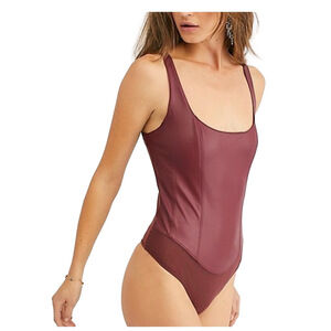 Free People She's A Vegan burgundy faux leather mesh sleeveless bodysuit M